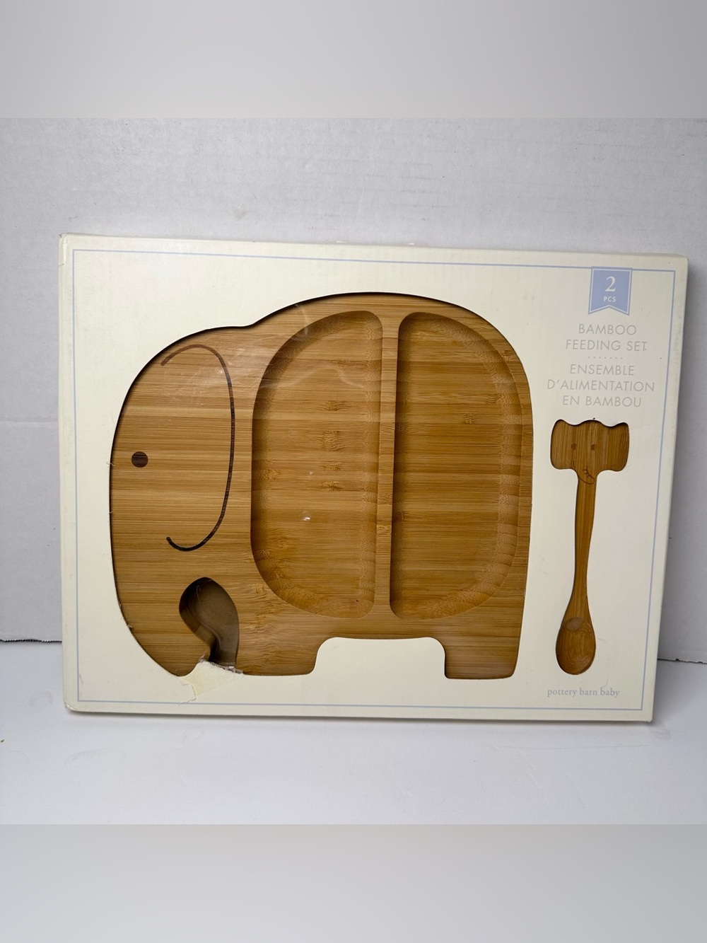 Pottery Barn Kids Bamboo Elephant Shape Divided Plate + Spoon Feeding Set NIB